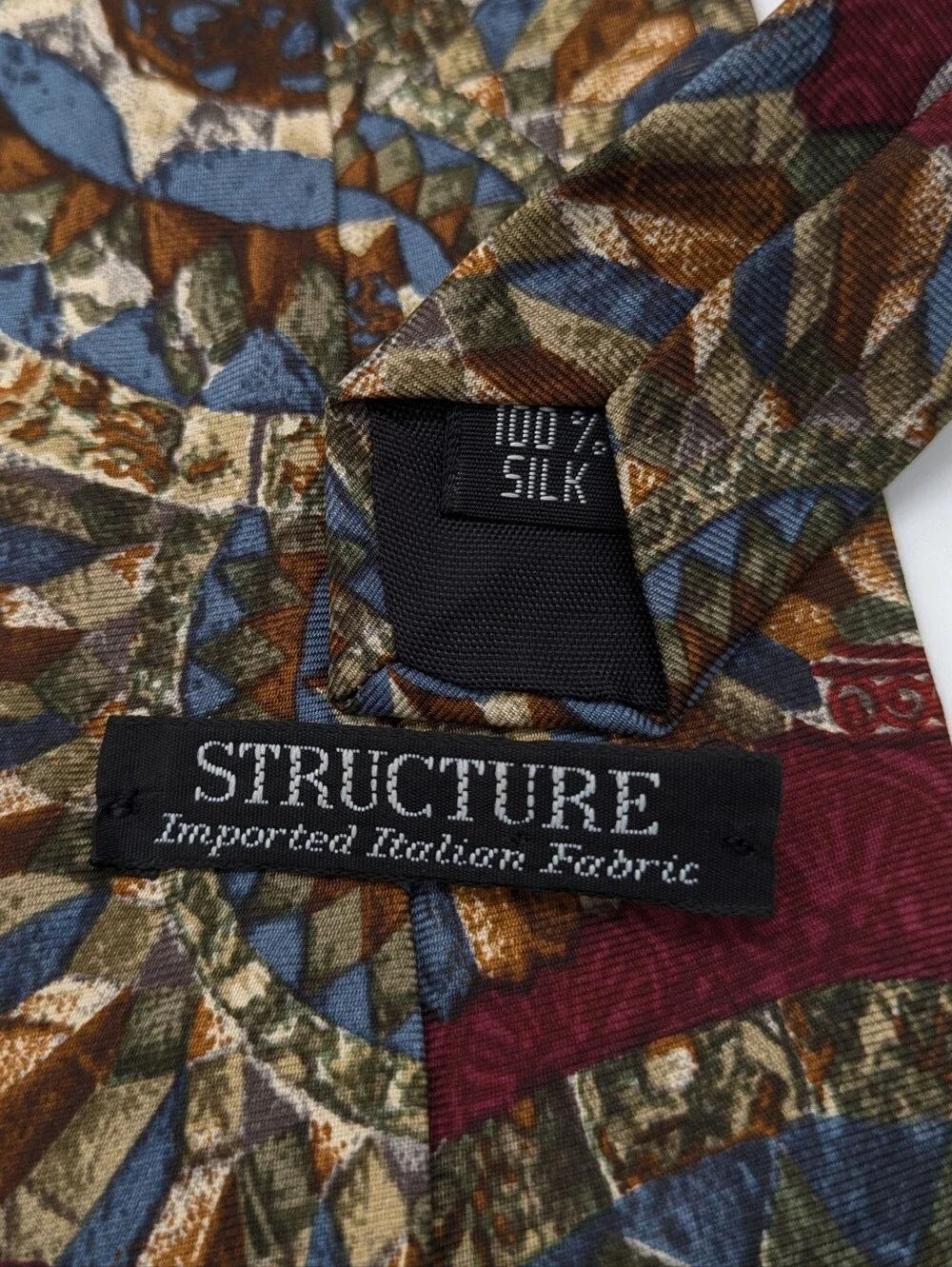 Vintage Structure Maroon Blue Tan Abstract Geometric Silk Mens Tie